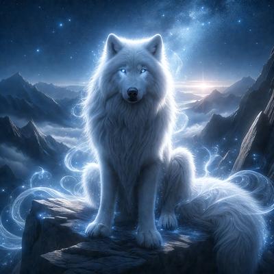 The primary subject of the image is a white wolf with blue eyes, sitting on a rock in a mountainous area. The setting includes a mountain range in the background, and the visual style appears to be a digital art or illustration. The wolf's eyes are glowing, adding a sense of mystery and intensity to the scene. The overall atmosphere is one of beauty and power, as the wolf stands tall and proud in its natural habitat.